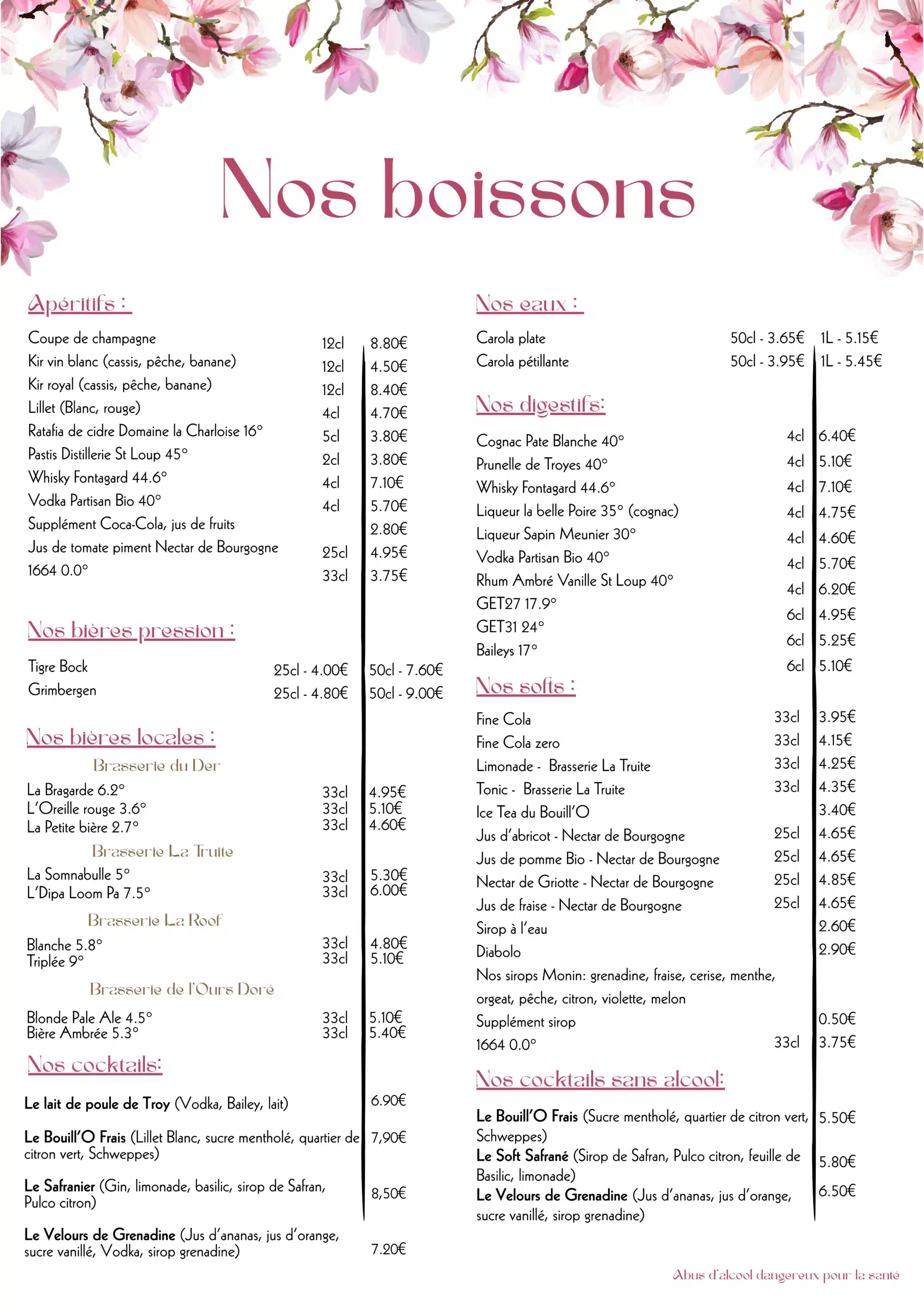 Menu printemps Bouill’O de Troy 2026 - boissons