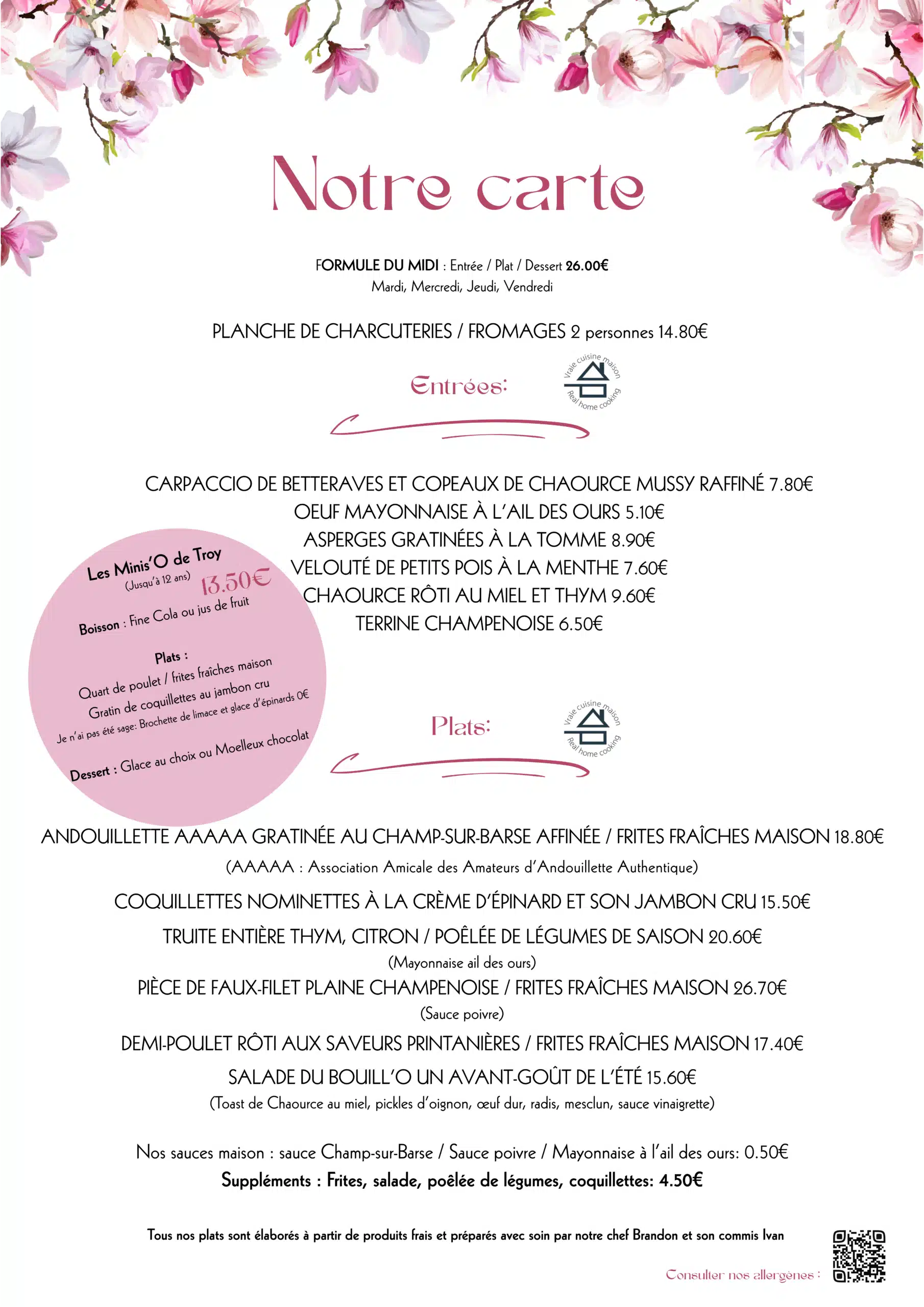 Menu printemps Bouill’O de Troy 2026 - plats